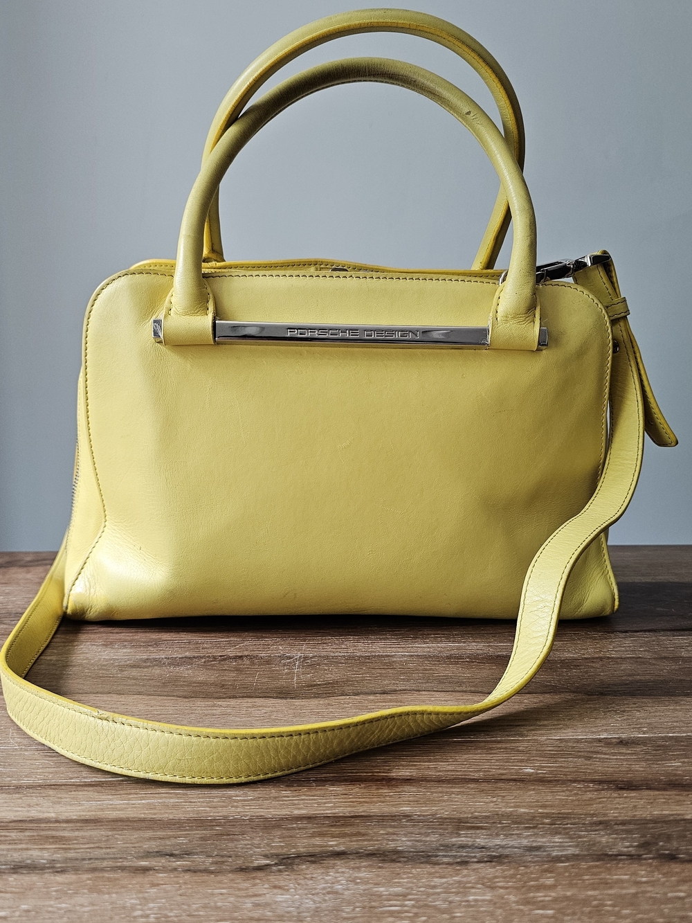 Porsche Design Yellow Leather Twin Satchel Shoulder Bag Italy Handbag Purse